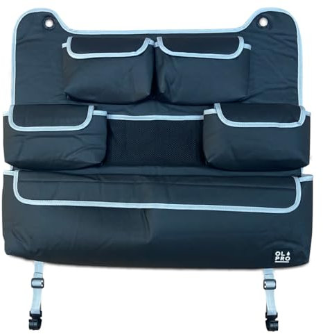 OLPRO Rücksitz Organizer für Doppelsitz - Grau - Rücksitz-Organizer mit verschließbaren Taschen & Netzaufbewahrung - Kinder Autozubehör für Autofahrten, Vans & Wohnmobilsitz Organisation