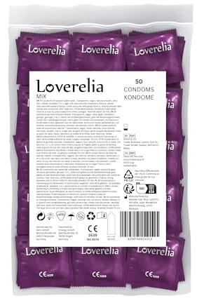 Loverelia Mix Kondome - 50 Stück - aus 10 verschiedenen Kondomsorten - Naturkautschuk Latex - Vegan - für mehr Abwechslung im Liebesleben