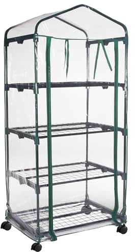 ESTO Serra da Balcone da Giardino, Corpo in Policarbonato e Telo in PVC Trasparente, Adatto per Colture Invernali, Copertura per Piante e Fiori (4 Ripiani con Ruote)