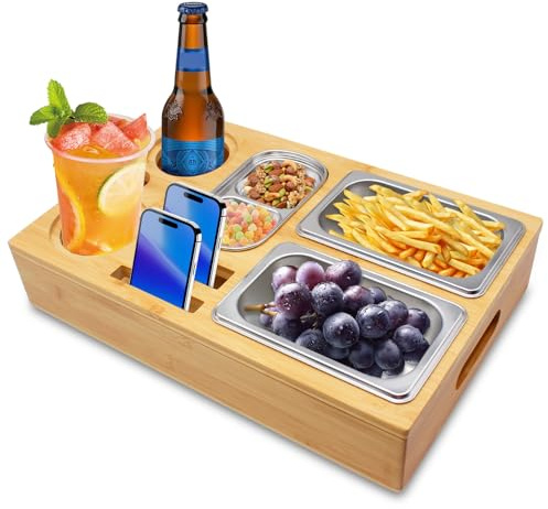 Snack Box per Divano Bar Pratico Vassoio da Divano con Ciotole per Snack, Vassoio per Divano con Coperchio Rimuovibile 3 Ciotole per Snack e Portacups in Acciaio Inox per Soggiorno Giardino