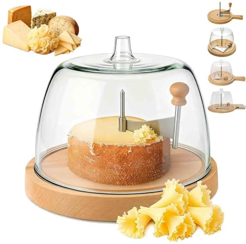 Cheese Curler Wheel - Stainless Steel Cheese Shaver, Circular Cheeses Curls Flower Maker Wheel Slicer with Wood Base, Create Cheese Rose Flowers (Round With lid)