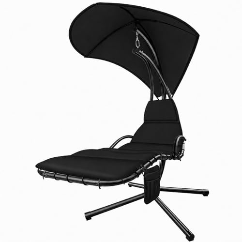 BRICOZONE Sdraio a Dondolo Sospesa con Ombrellone Parasole Integrato Cuscino Imbottito Amaca da Giardino in Acciaio e Poliestere per Esterno Terrazzo Bordo Piscina 195 x 132 x 197 cm Nero