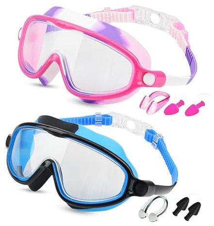 Ksikdeg 2 occhialini da nuoto per bambini con tappi per le orecchie e clip per naso per bambini e adolescenti, occhialini da nuoto ad ampia vista, resistenti all'acqua e alle rane