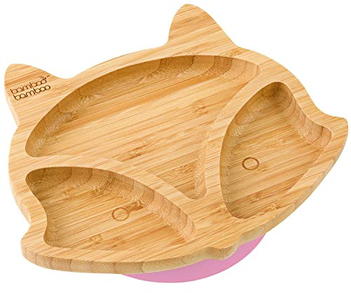 bamboo bamboo Baby and Toddler Plate for Feeding and Weaning, Bamboo Fox Plate with Secure Suction for Babies from 6 Months (Fox, Pink)
