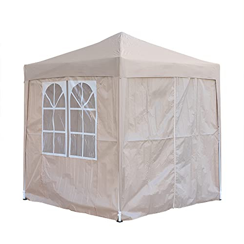 Pop Up Canopy 2x2m Gazebo Marquee Garden Awning Party Tent Canopy 4 polyester sidewalls (Beige)