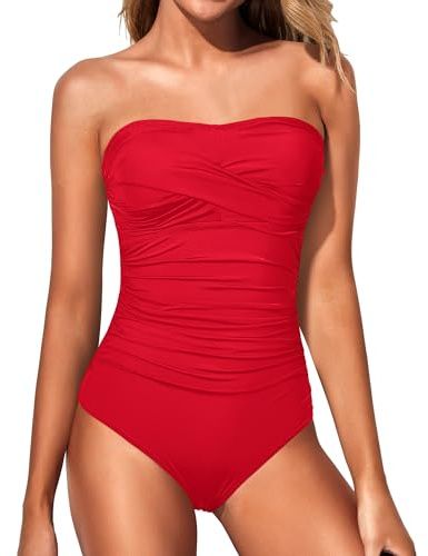 Yonique Womens Strapless One Piece Swimsuit Tummy Control Bandeau Bathing Suits Slimming Twist Front Swimwear, Red, XL