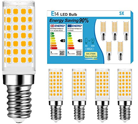 YzzYzz E14 LED Birne 5W, E14 LED Warmweiss 2700K Ersatz 50W Halogenlampen, 680LM E14 LED Lampe für Dunstabzugshauben, AC220-240V, Nicht Dimmbar LED E14 Röhrenform 360°, 5er Set