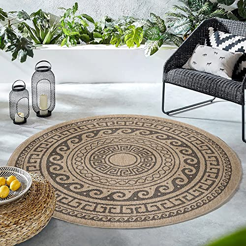 HomebyHome inomhus- och utomhusmatta väderbeständig rund 120 cm svart, sisal och jute-utseende balkongmatta vattentät – matta kök, tvättbar greek design camping trädgård terrass utomhusmatta