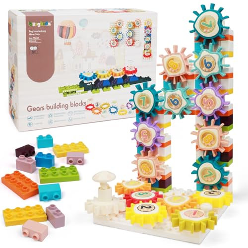 burgkidz Zahnräder Bausteine Spielzeug, 68 Stück große Bricks Block Interlocking Getriebe Blöcke Lernen Set, Montessori Pädagogisches Bauklötze Spielzeug für Jungen und Mädchen ab 3 Jahren