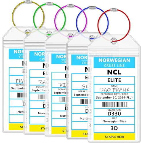 NCL Luggage Tag Holders，Clear Cruise Luggage Tag Holder Zip Seal with Steel Loops，Fits Printed (Not Mailed) Norwegian Cruise Line Ships & Tags for Cruises in, 2026 & 2027（5PACK）