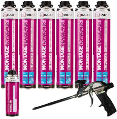 dubaust MSP24, schiuma di montaggio per pistola in schiuma da 750 ml, schiuma isolante in poliuretano ad alto isolamento acustico, isolamento termico, isolante B2 (con detergente PRS24 500 ml +