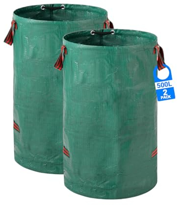 Velway Sacchi per Rifiuti da Giardino Resistenti - 500L x 2Pacchi Sacchi da Giardino Riutilizzabili con Maniglie - Tessuto Industriale per Foglie Rifiuti Detriti