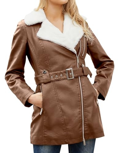 Generico Capispalla Donna Cappotto invernale taglie forti Colletto con bavero Giacca in pelle imbottita a maniche lunghe Cappotto vintage in pelle di pecora addensato Giacca Pile Taglie (Coffee, XXXL)