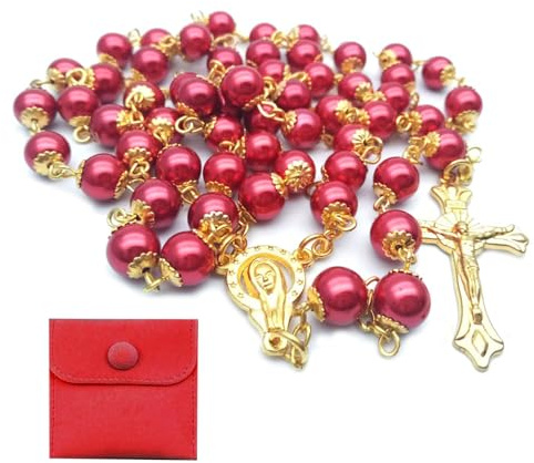 Calkkrer Rosario católico, rosario para comunión con cruz retro, bolsa de regalo de terciopelo, elegante cruz, bautizo, comunión, boda, comunión, fiesta (rojo)