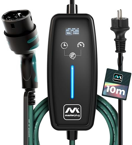 Masterplug Câble de Charge VE pour véhicules électriques et Hybrides, 10 mètres, Mode 2, Prise Schuko à 3 Broches UE vers Chargeur de Voiture Type 2, 3,6 KW, 16 A, EVCM221610G/EU