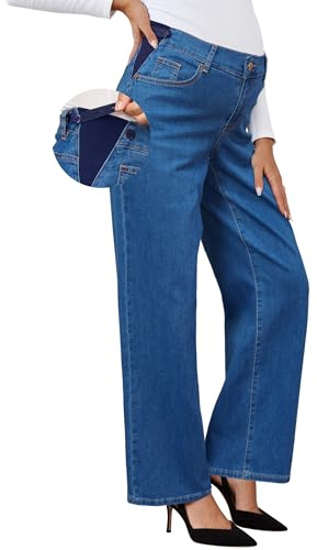 OUGES Womens Stretchy Maternity Jeans Loose Fit Straight Leg High Waist Denim Wide Leg Business Casual Work Pants Pregnancy Must Haves Mom Jeans Trendy Maternity Clothes with Pockets(Blue,M)