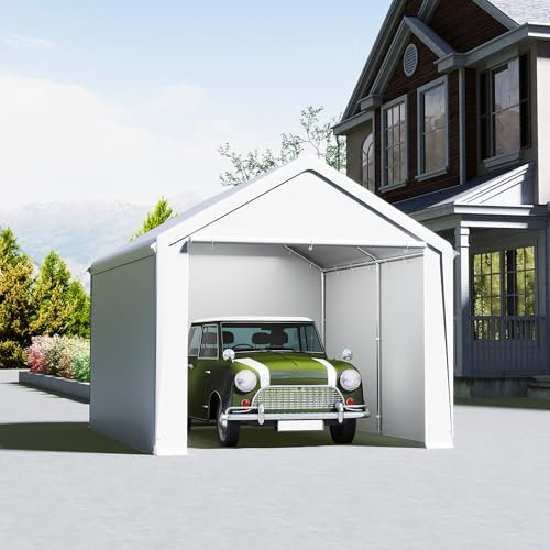 UISEBRT Garaje de 3 x 4 m – Carport, tienda de garaje y tienda de almacenamiento en uno – Refugio y tienda de mimbre con lona de polietileno resistente, marco de acero, refuerzo de techo y suelo