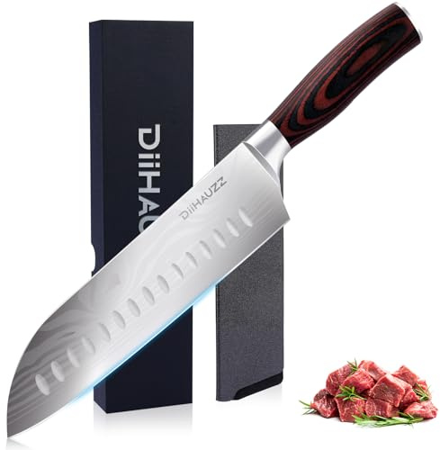 DiiHAUZZ Couteau Santoku Japonais 18 cm, Couteau de Cuisine Professionnel en Acier à Haute Teneur en Carbone 5Cr15MoV, Lame Ultra Tranchante, Manche Ergonomique en Bois Pakka, Boîte Cadeau Inclus