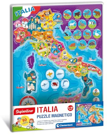 Clementoni Sapientino - Italia, Puzzle Magnetico, 4 Giochi in 1, 50+ Tessere Magnetiche, per Bambini 6-10 Anni, Scopri l'Italia con le Tessere Magnetiche, Idea Regalo, Made in Italy, 30x40 cm, 16690