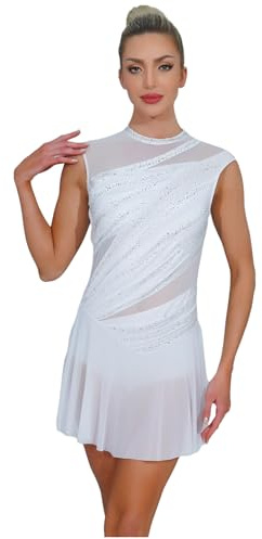 TTAO Robe Danse Classique Femme Robe Ballet Contemporaine Tenue Danse Latine Patinage Artistique Strass Justaucorps Gymnastique Dancewear S-XXL Blanc S