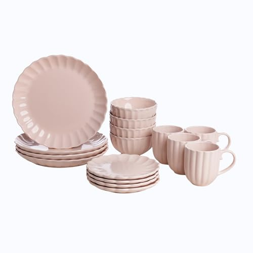 HOMD 16-Pieces Stoneware Dinnerware Set, Dinner Set, Kitchen Dinnerware Ceramic Crockery Set, Dinner Service Set for 4, Include Dinner Plate, Dessert Plate, Cereal Bowl and Mug. (Cherry Blossom Pink)