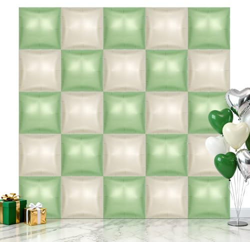 25 Pcs Square Balloons, Metallic Square Foil Balloons Wall Backdrop, Double Sided Mylar Balloons Tunnel Arch Kit for Anniversary Wedding Birthday Baby Shower Party Decorations (Cream and Light Green)