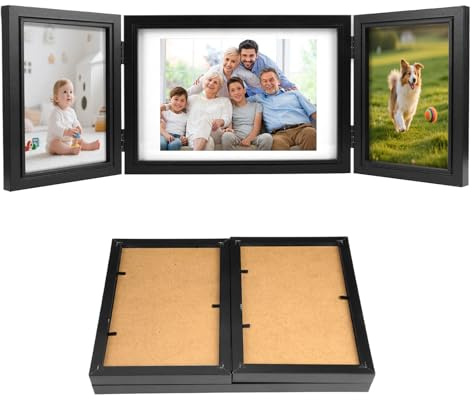 Jyongrmy Marco Fotos Multiple con Placa Acrílica para 10x15 y 15x20 cm, Marco de Foto Plegable para 3 Fotos, para Decoración Hogareña, Regalos de Boda y Retratos Familiares, Negro