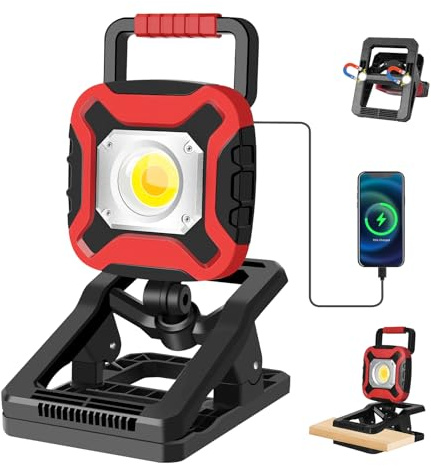 Foco LED Recargable 2100LM con Pinza e Iman - 4000mAh Batería, 4 Modos, 360° Rotación - Luz de Trabajo Portátil para Taller, Camping, Emergencias, Reparación, Pesca y Barbacoa