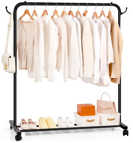 Relquorax Porte-vêtements sur roulettes, tringle à vêtements avec grille de rangement, porte-manteau en métal robuste pour vêtements, manteaux, noir, taille L