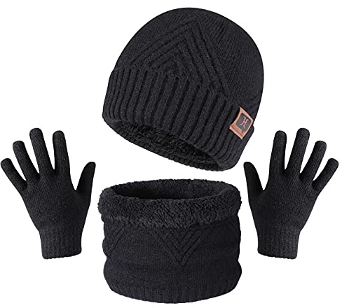 TAGVO Cappello Sciarpa Guanti Invernale Set, Interno in Pile Morbido Spesso, Uomo Donna Invernali Berretto in Maglia con Sciarpa Beanie Collo della Ciarpa 3 Pezzi