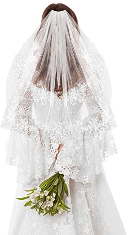 Yolev Schleier Braut Hochzeits Spitzenapplikationen Kurzer Brautschleier 2 Schichten Weicher Tüll Brautschleier mit Kamm für Frauen Bräute