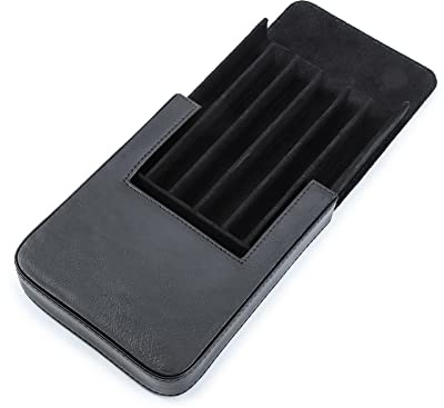 Hiram Leather Pen Case for 6 Pens Portable Vegetable Tanned Leather Made Pen Storage Box with Hidden Magnetic Snap Closure and Pen Tray Drawer Holder Design (Black)