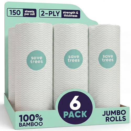 Save Trees Bamboo Paper Towels 6pk - 750 Sheets Paper Towels Rolls Ultra Absorbent & Durable Eco-Friendly - FSC-Certified, totally Plastic-Free, and Vegan