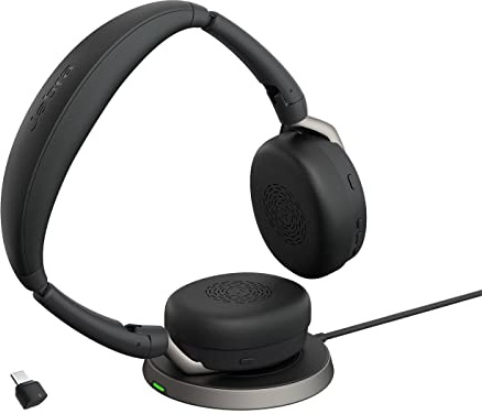 Jabra Evolve2 65 Flex UC - Auriculares inalámbricos Bluetooth para Trabajo híbrido, cancelación Activa del Ruido, conectividad USB-C, diseño Plegable, Carga inalámbrica, tecnología de micrófono