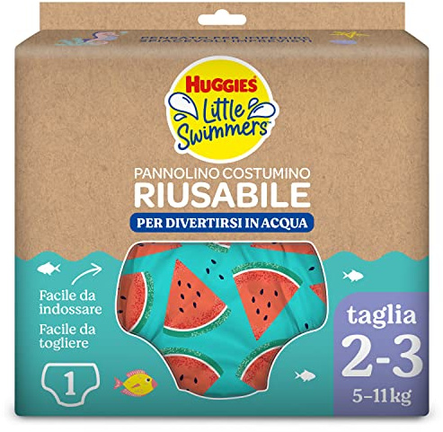 Huggies Little Swimmers, Pannolino Costumino, Taglia 2-3 (5-11 kg), Riutilizzabile, Con Fantasia Angurie, 1 Pz