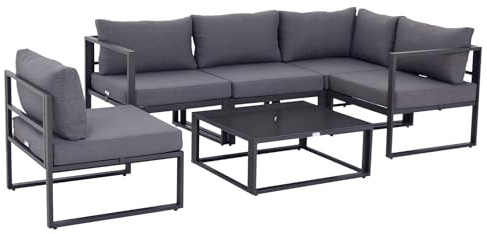 Outsunny 6-TLG. Gartengarnitur Gartenset Gartensofaset Sitzgruppe Gartenmöbel Alu+ Polyester + Hartglas Grau 4 x Sessel 1 x Ecksofa 1 x Beistelltisch Kissen für 4–5 Personen