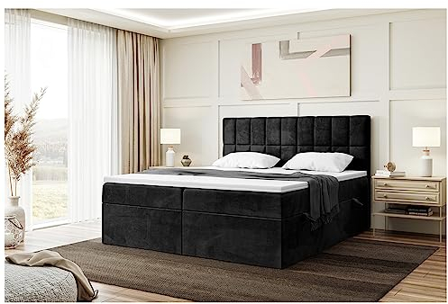 MEBLINI Boxspringbett mit Bettkasten - Gepolstert Doppelbett mit Matratze und Topper - Polsterbett mit Stauraum - Bett mit Kopfteil - Stauraumbett - Lukas - 180x220 - H3/Schwarz Samt