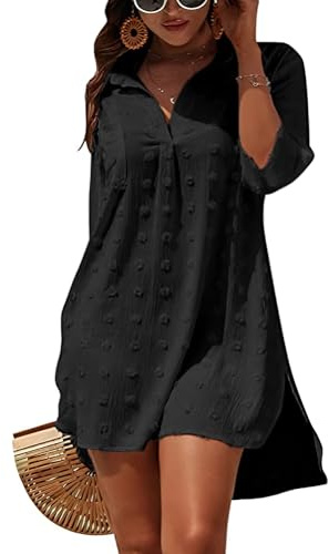 Minicoco Women Beach Cover Up Button Down Shirt Dresses Cotton Shirt Long Beachwear Chiffon Beach Dress Swimsuit Bikini Cover-Up 3/4 Sleeve Beachwear Swiss Dot Tops Black