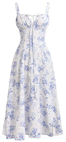 Odizli Robe longue pour femme, estivale, sans manches, avec bretelles fines, bohème, avec fente, Blanc/bleu, L