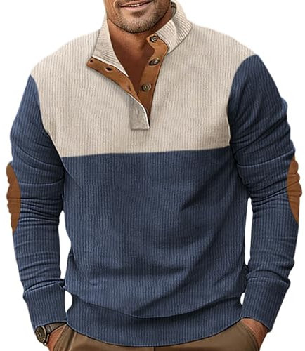 Ryehack Sweatshirt Herren Cord Pullover Langarm Casual Henley Tshirt Sweater Leichter mit Knopfleiste S-3XL