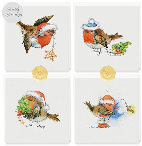 Lot de 24 cartes de Noël – Rouge-gorge dans une boîte avec enveloppes, respectueuses de l'environnement, petites cartes de vœux de Noël pliables de 11,5 x 11,5 cm pour la famille, les amis