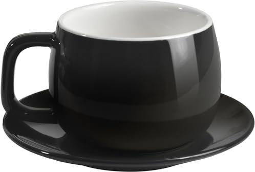 ionEgg Taza de café de porcelana con platillo de 270 ml, diseño minimalista, perfecta para café con leche, capuchino y té, color negro