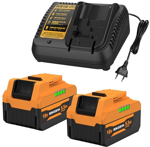 Energup 2 Stück 18V 5500mAh Ersatzakku für Dewalt Akku 18V mit Ladegerät DCB184 DCB200 DCB180 DCB181 DCB182 DCB201 Ersatz für Dewalt Ladegerät DCB112 DCB115