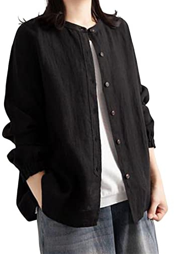 Linen Shirts for Women Long Sleeve Button Down Mandarin Collar Traditional Tang Suit Shirt Taichi Clothes Chinese Style Cotton Cardigan Jacket Black