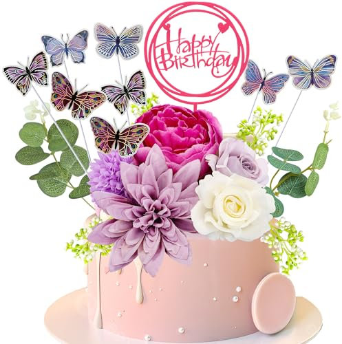 Gyufise 22Pcs Flower Cake Toppers Butterfly Cake Decorations Happy Birthday Cake Toppers Artificial Pink Rose Flowers Eucalyptus Butterflies for Girls Birthday Party Wedding Supplies Purple