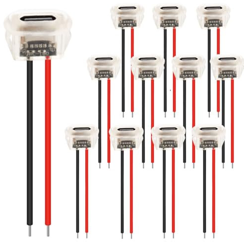 RUNCCI-YUN 12PCS USB Type-C Soldering Panel Mount Socket 2Pin USB C DIY Pigtail Bare Wire Power Cable, with Card Buckle with PD Function 100mm 24 AWG Wire （Transparent）