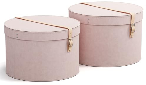 BIGSO RUT 2er-Set Aufbewahrungsbox mit Deckel – runde Ordnungsbox mit Lederriemen – große und kleine Hutschachtel aus 100% recycelter Faserplatte und Papier in Leinenoptik – rosa