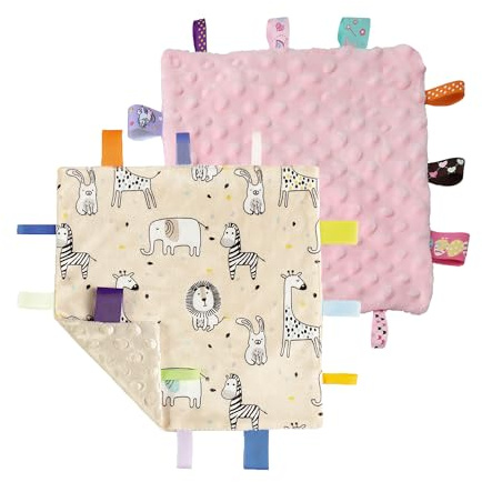 CREVENT Tag Security Blankets for Babies, Soft Small Loveys for Boys, Baby Comforter Sensory Blanket, Great Gifts for Birthday Baby Shower (24X24cm Zoo + Pink)