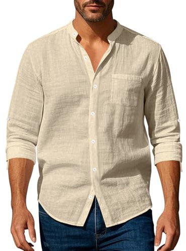 Volemo Mens Linen Shirts Long Sleeve Shirt Band Collar Casual Tops Regular Fit Khaki L