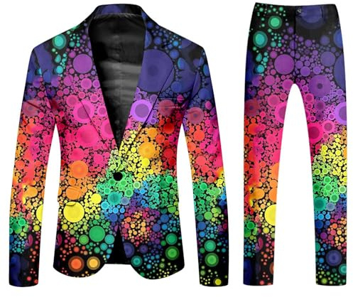 Mymyguoe Ensemble de 2 pièces pour homme en néon, taille slim, ensemble de costume amusant, nouveauté en arc-en-ciel, ensemble de blazer pour soirée, discothèque, performance, costume de thème néon